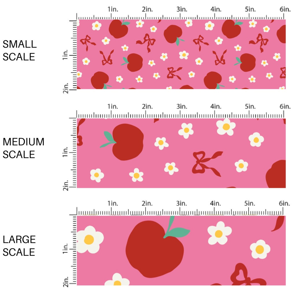 This scale chart of small scale, medium scale, and large scale of these school themed fabric by the yard features red apples, tiny daisies, and bows on pink. This fun themed fabric can be used for all your sewing and crafting needs!