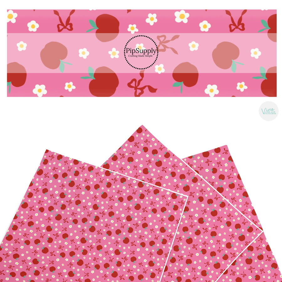 These school themed faux leather sheets contain the following design elements: red apples, tiny daisies, and bows on pink. Our CPSIA compliant faux leather sheets or rolls can be used for all types of crafting projects.