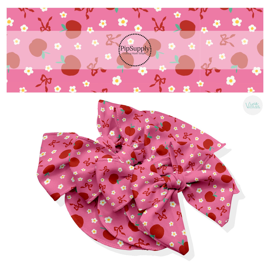 These school themed no sew bow strips can be easily tied and attached to a clip for a finished hair bow. These fun patterned bow strips are great for personal use or to sell. These bow strips feature red apples, tiny daisies, and bows on pink.