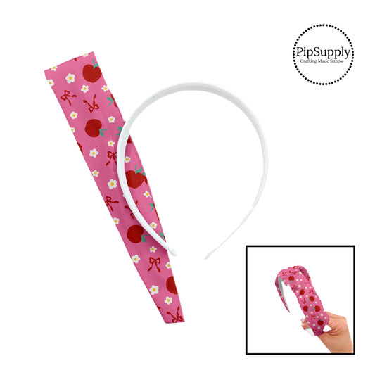These school themed patterned headband kits are easy to assemble and come with everything you need to make your own knotted headband. These fun kits include a custom printed and sewn fabric strip and a coordinating velvet headband. This cute pattern features red apples, tiny daisies, and bows on pink.