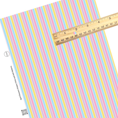 These spring faux leather sheets contain the following design elements: pastel pink, purple, yellow, and blue stripes. Our CPSIA compliant faux leather sheets or rolls can be used for all types of crafting projects. 