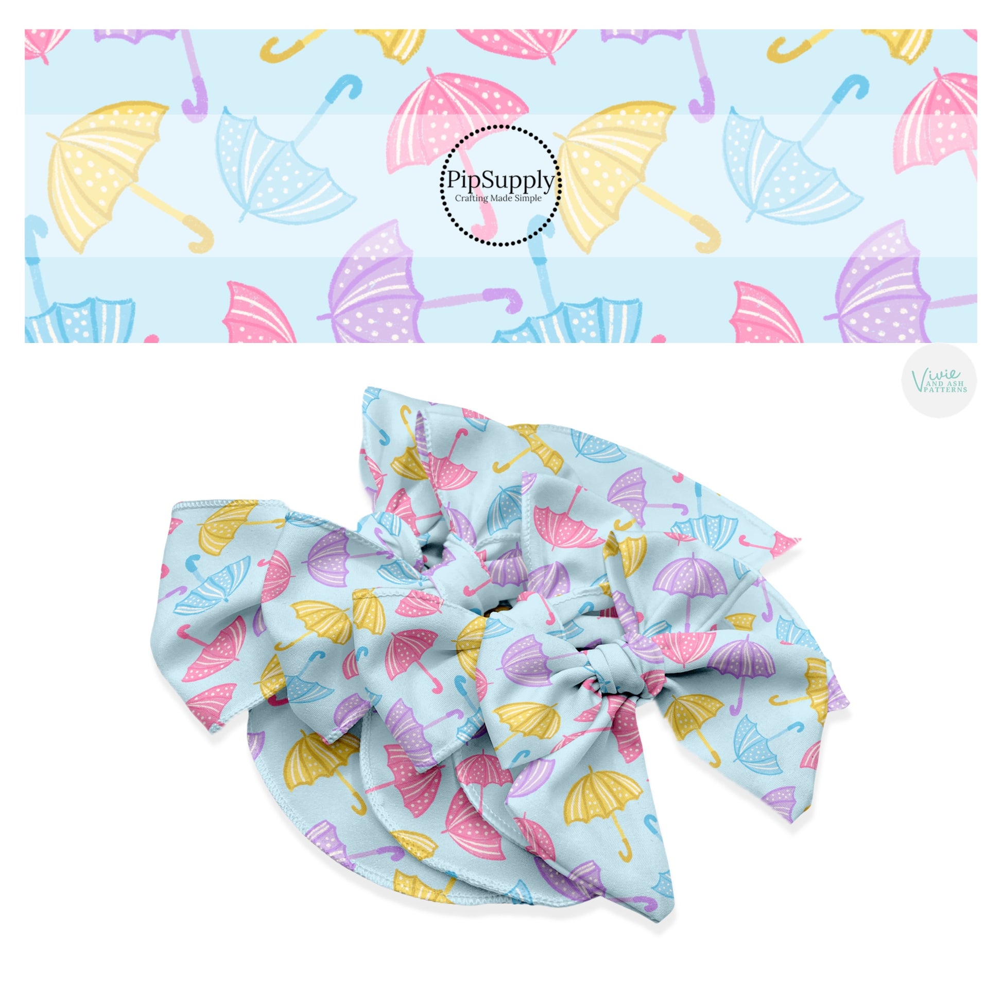 These spring themed no sew bow strips can be easily tied and attached to a clip for a finished hair bow. These patterned bow strips are great for personal use or to sell. These bow strips features pastel pink, purple, yellow, and blue rain umbrellas.
