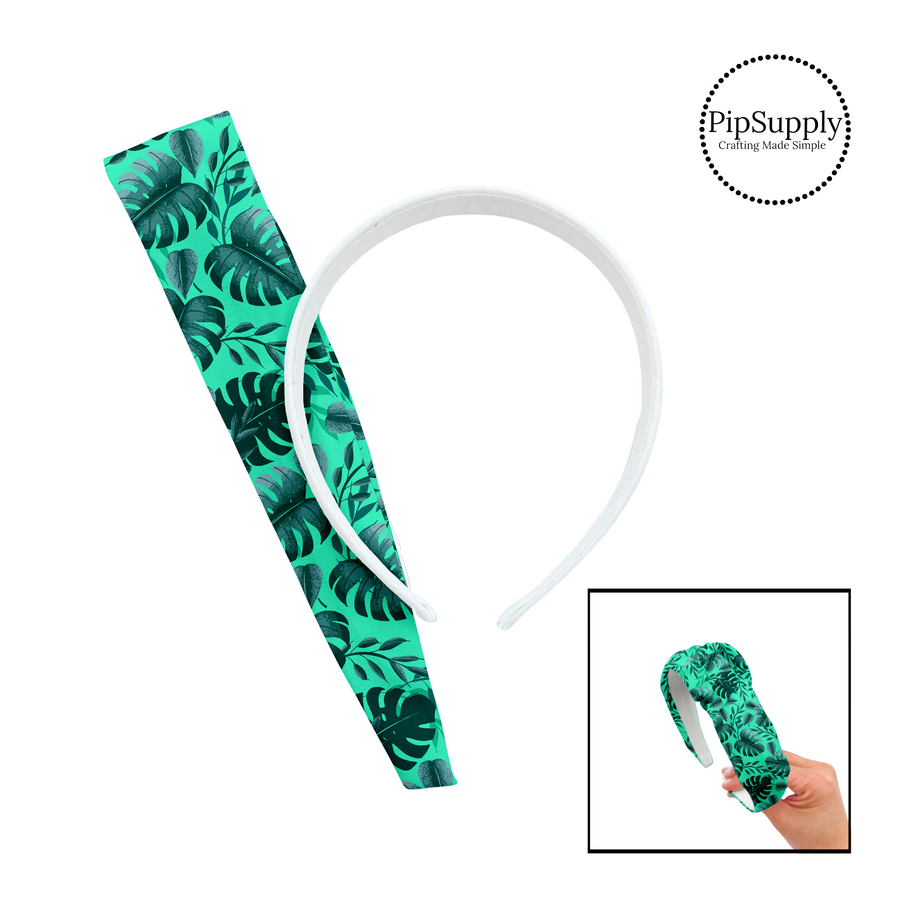 Dark green palm branches on aqua DIY Headband Kit.