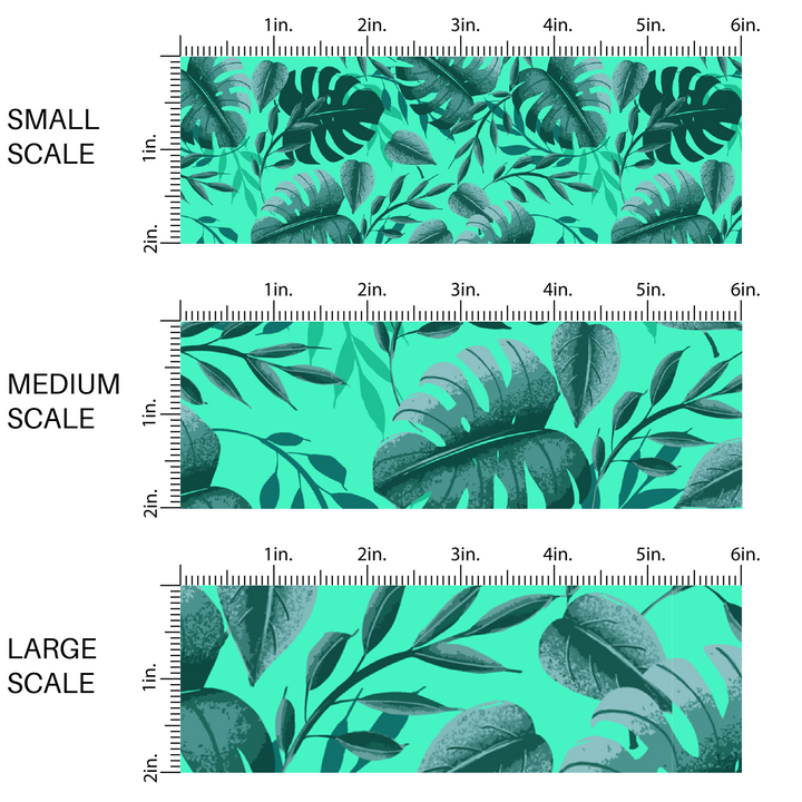 This image has three fabric scales of small, medium, and large scale for the dark green palms on aqua on fabric by the yard.