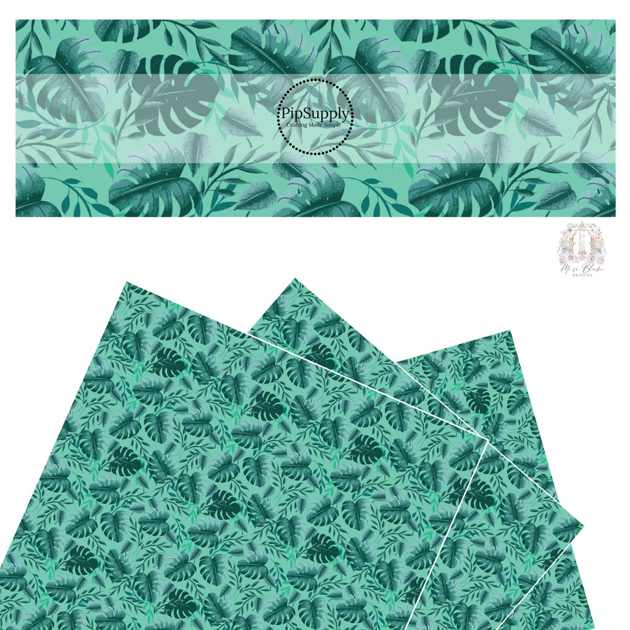 Dark green palms on aqua faux leather sheet. 