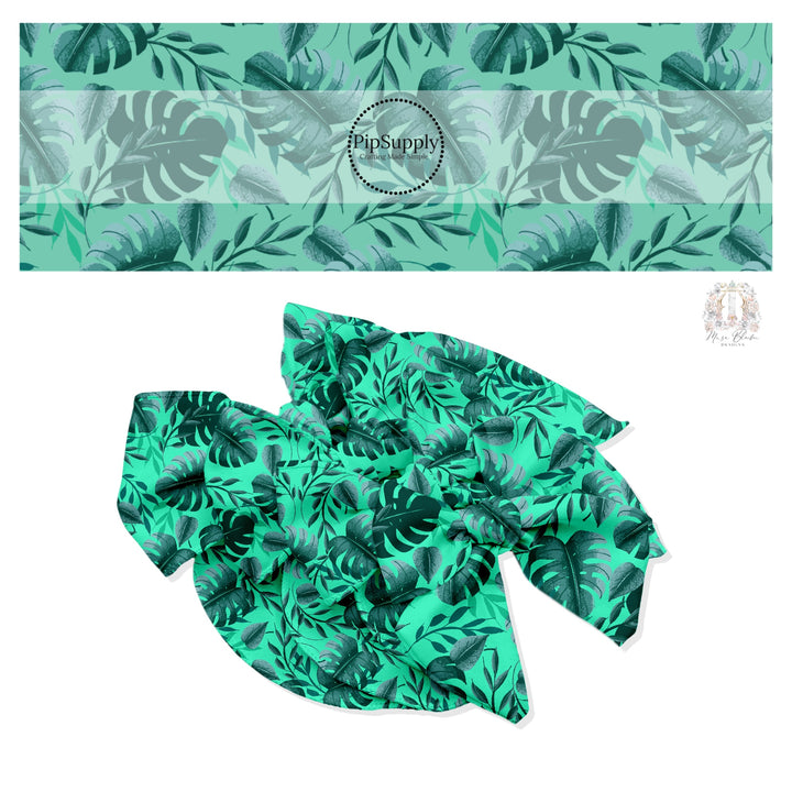 Dark green palms on aqua hair bow strips. 