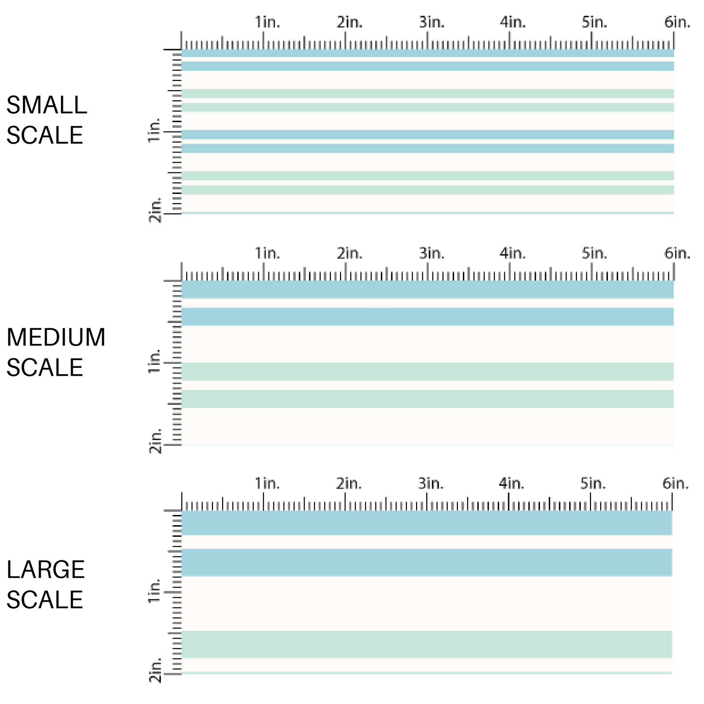 This scale chart of small scale, medium scale, and large scale of these striped themed fabric by the yard features mint and light blue stripes on cream. This fun party themed fabric can be used for all your sewing and crafting needs! 