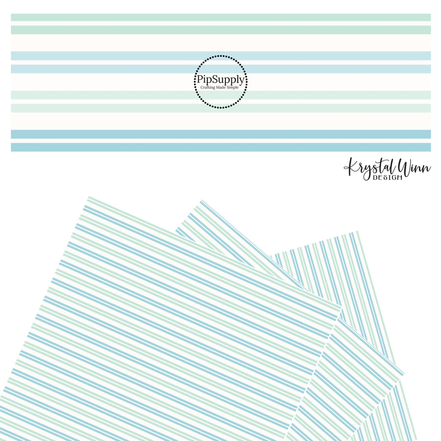 These striped themed faux leather sheets contain the following design elements: mint and light blue stripes on cream. Our CPSIA compliant faux leather sheets or rolls can be used for all types of crafting projects.