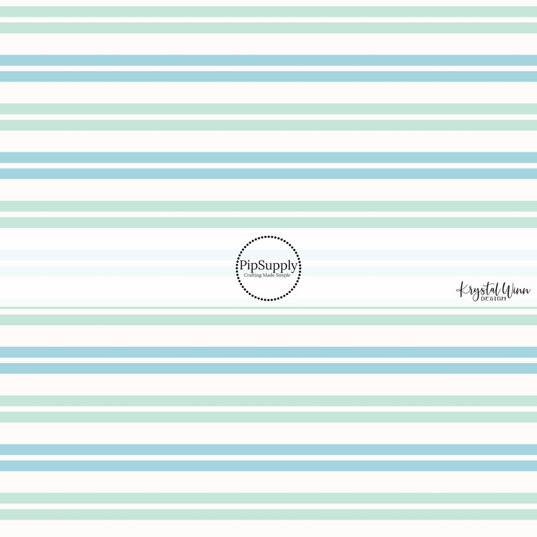 These striped themed no sew bow strips can be easily tied and attached to a clip for a finished hair bow. These fun party themed bow strips are great for personal use or to sell. The bow strips features mint and light blue stripes on cream.