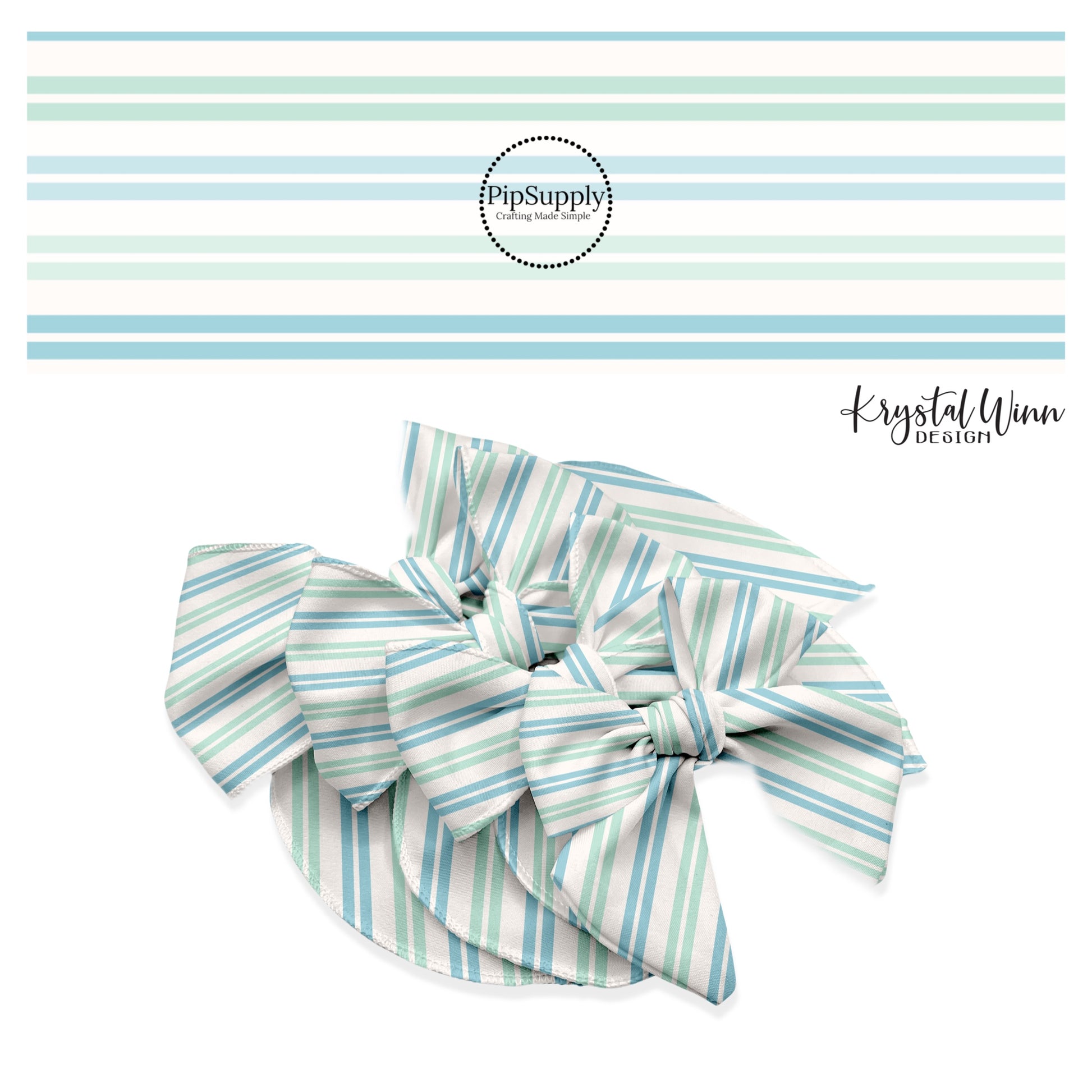 These striped themed no sew bow strips can be easily tied and attached to a clip for a finished hair bow. These fun party themed bow strips are great for personal use or to sell. The bow strips features mint and light blue stripes on cream.