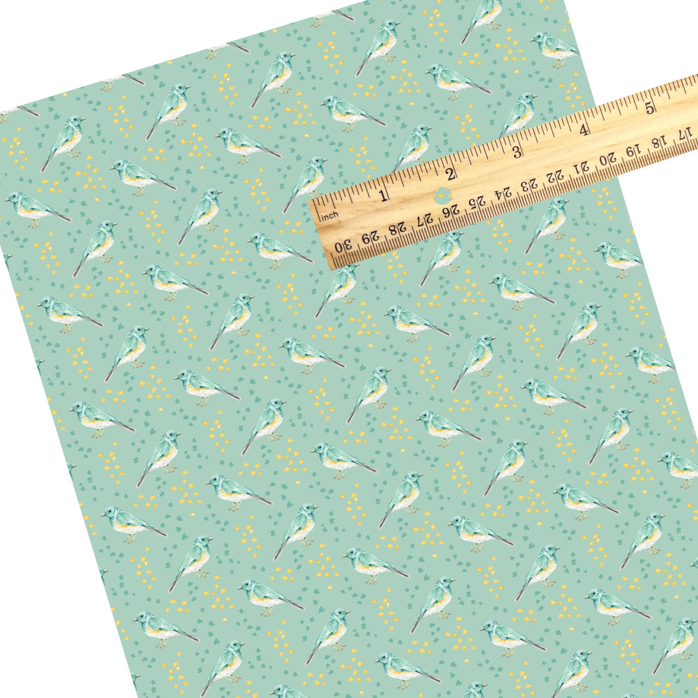 These spring themed faux leather sheets contain the following design elements: birds and tiny flowers on aqua. Our CPSIA compliant faux leather sheets or rolls can be used for all types of crafting projects.