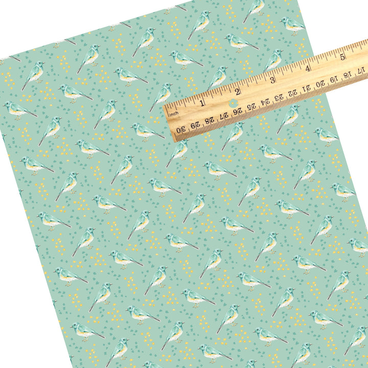 These spring themed faux leather sheets contain the following design elements: birds and tiny flowers on aqua. Our CPSIA compliant faux leather sheets or rolls can be used for all types of crafting projects.