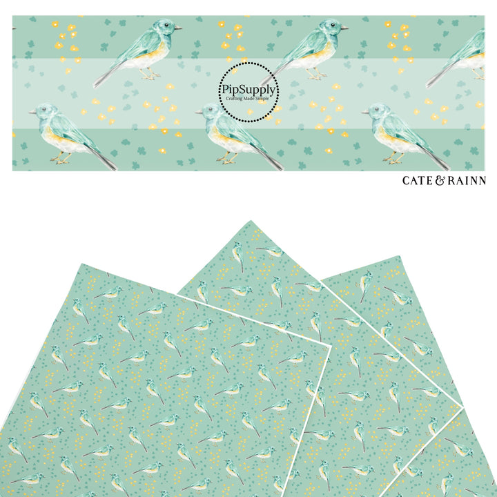 These spring themed faux leather sheets contain the following design elements: birds and tiny flowers on aqua. Our CPSIA compliant faux leather sheets or rolls can be used for all types of crafting projects.