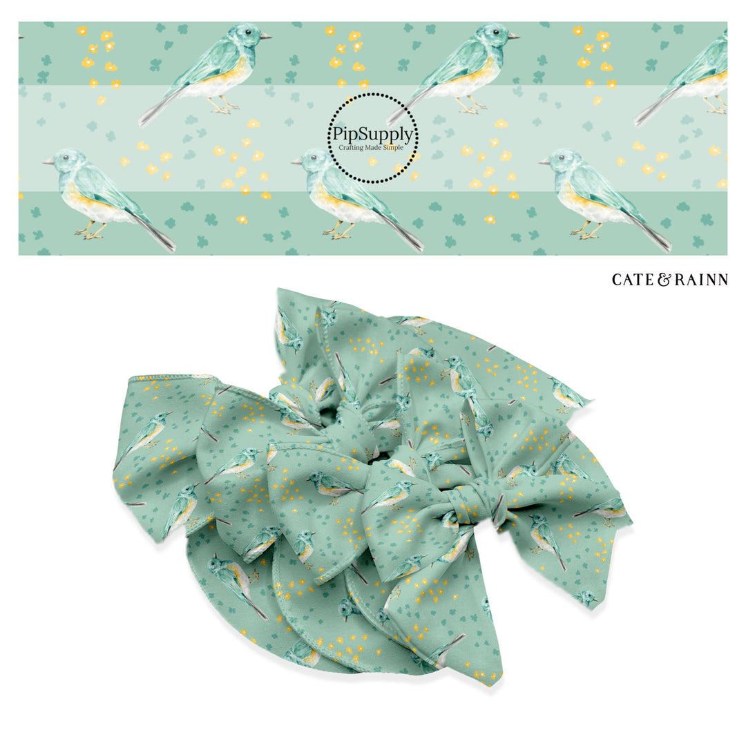 These spring themed no sew bow strips can be easily tied and attached to a clip for a finished hair bow. These bow strips are great for personal use or to sell. These bow strips feature the following design elements: birds and tiny flowers on aqua.