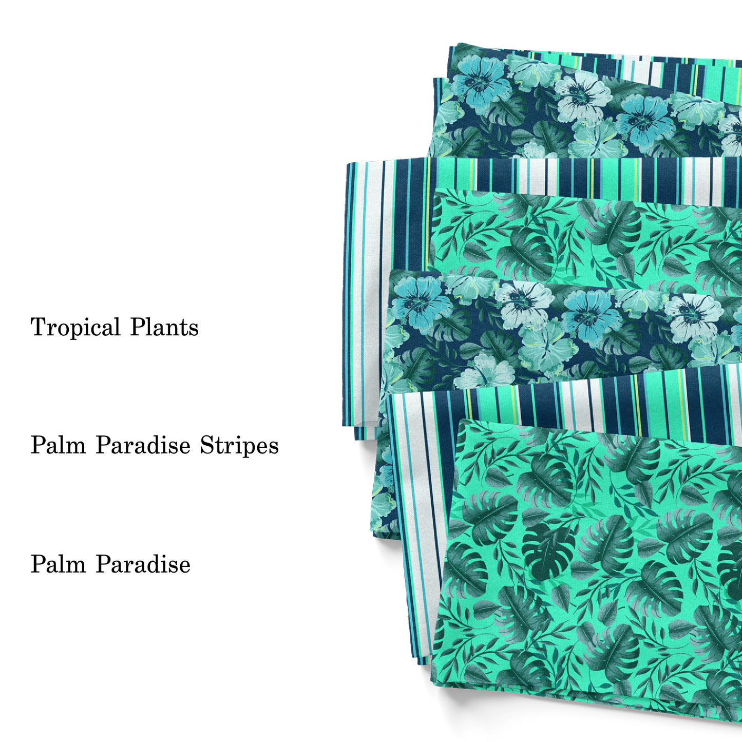 Palm Paradise group photo of the three fabrics by the yard with pattern names.