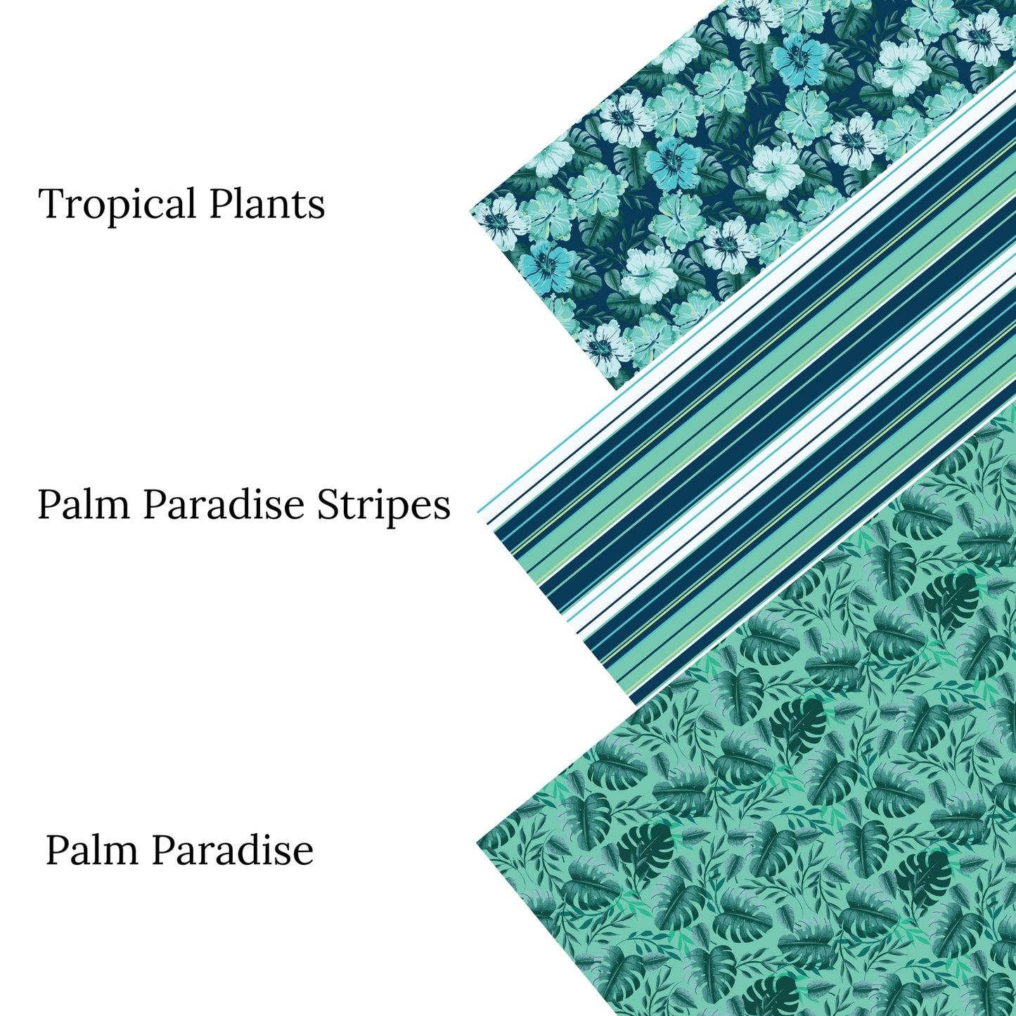 Palm Paradise group photo of the three faux leather sheets with pattern names. 