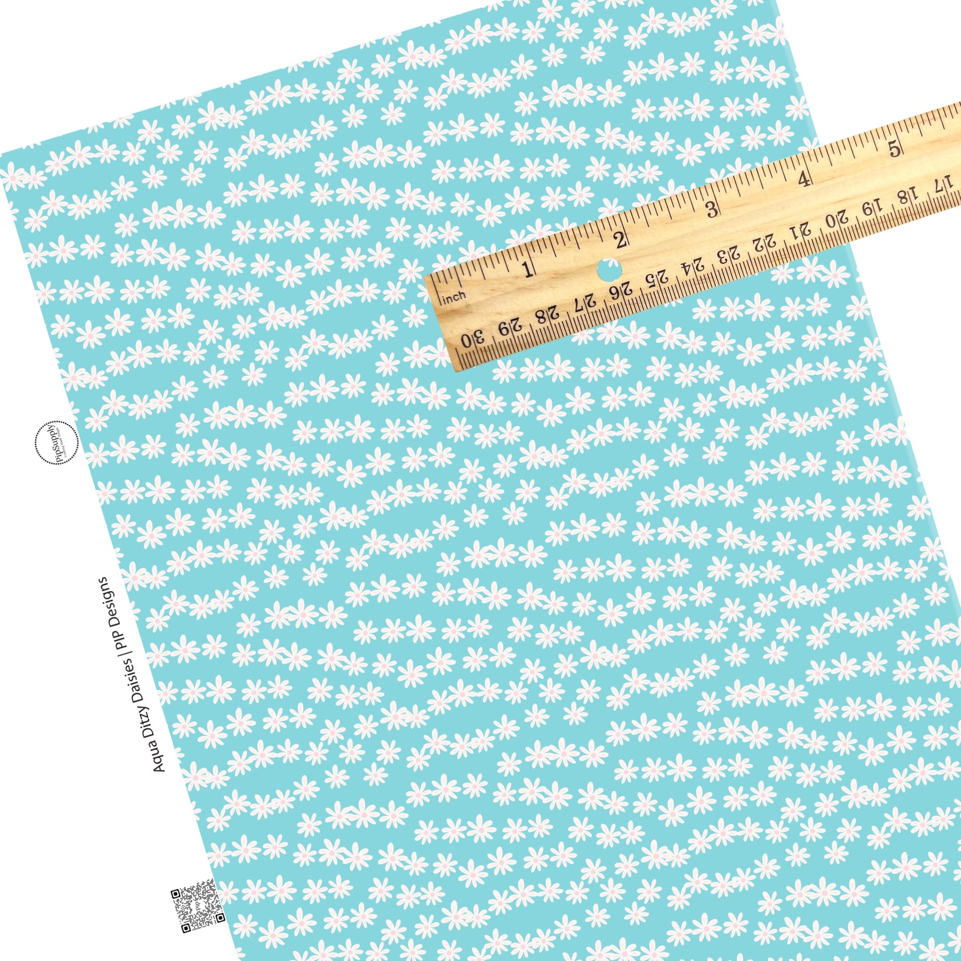 These spring daisies pattern themed faux leather sheets contain the following design elements: tiny white daisies on aqua. Our CPSIA compliant faux leather sheets or rolls can be used for all types of crafting projects. The designer of this pattern is Hay Sis Hay. 