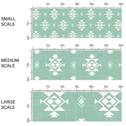 This scale chart of small scale, medium scale, and large scale of this summer fabric by the yard features western aztec pattern on aqua. This fun summer themed fabric can be used for all your sewing and crafting needs!