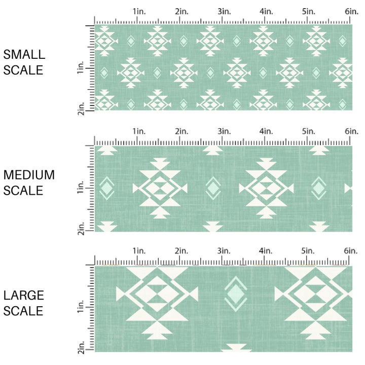 This scale chart of small scale, medium scale, and large scale of this summer fabric by the yard features western aztec pattern on aqua. This fun summer themed fabric can be used for all your sewing and crafting needs!