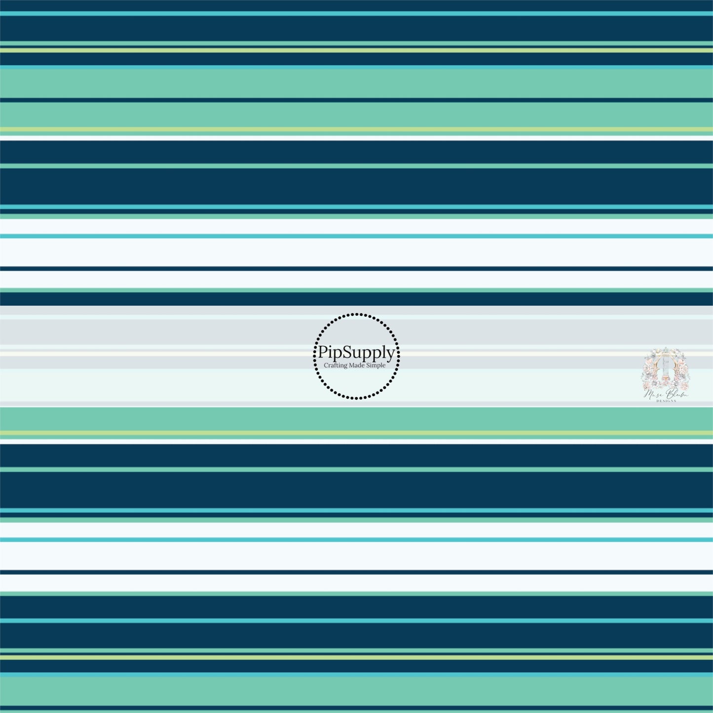 Tropical stripes in aqua, teal, light blue, light green, and dark navy fabric by the yard.