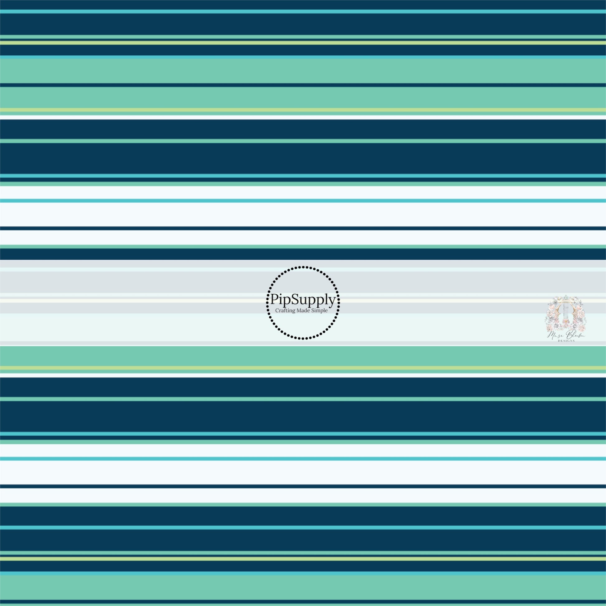 Tropical stripes in aqua, teal, light blue, light green, and dark navy fabric by the yard.
