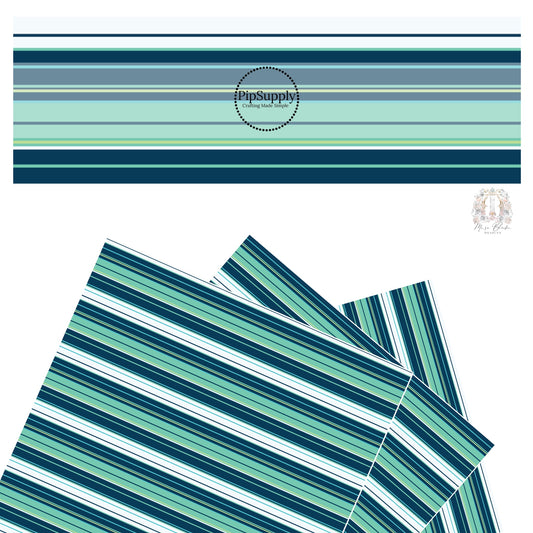 Tropical stripes in aqua, teal, light blue, light green, and dark navy faux leather sheet. 