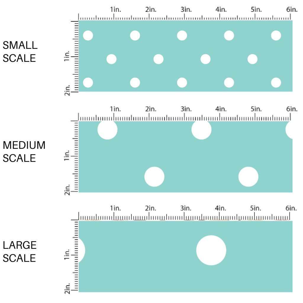 This scale chart of small scale, medium scale, and large scale of this celebration fabric by the yard features white dots on aqua. This fun themed fabric can be used for all your sewing and crafting needs!