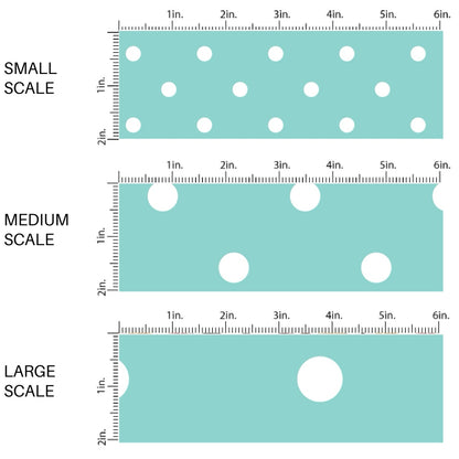 This scale chart of small scale, medium scale, and large scale of this celebration fabric by the yard features white dots on aqua. This fun themed fabric can be used for all your sewing and crafting needs!