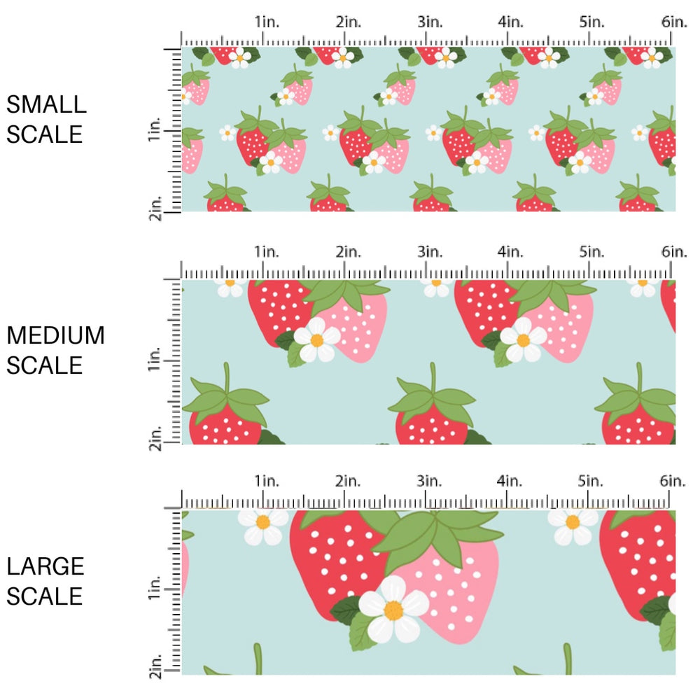 This scale chart of small scale, medium scale, and large scale of this summer fabric by the yard features strawberries and white flowers on light blue. This fun themed fabric can be used for all your sewing and crafting needs!