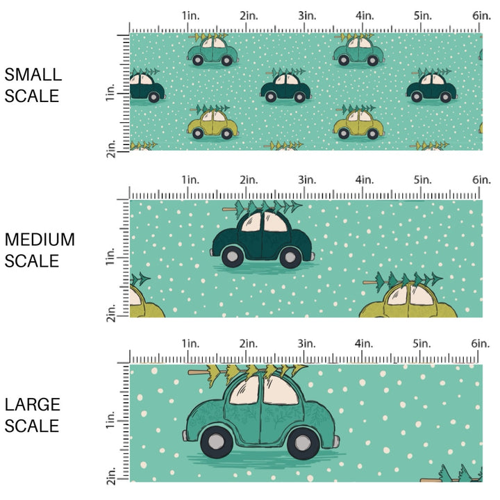 These winter themed pattern fabric by the yard features the following design elements: blue and teal trucks carrying Christmas trees on aqua. This fun themed fabric can be used for all your sewing and crafting needs!