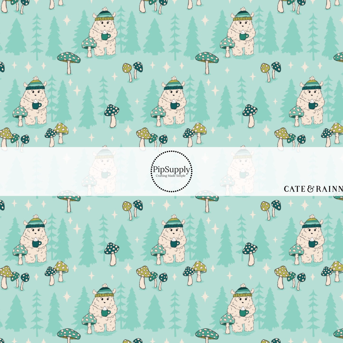 These winter themed pattern fabric by the yard features the following design elements: Yeti wearing a hat and holding hot cocoa on aqua. This fun themed fabric can be used for all your sewing and crafting needs!