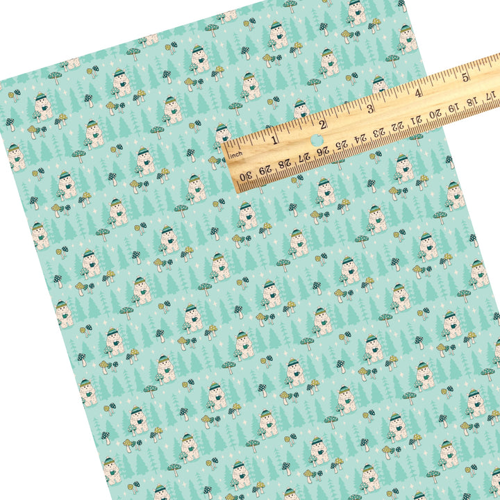 These winter themed pattern faux leather sheets contain the following design elements: Yeti wearing a hat and holding hot cocoa on aqua. Our CPSIA compliant faux leather sheets or rolls can be used for all types of crafting projects.