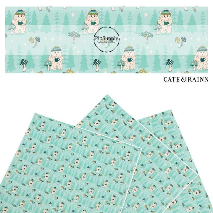 These winter themed pattern faux leather sheets contain the following design elements: Yeti wearing a hat and holding hot cocoa on aqua. Our CPSIA compliant faux leather sheets or rolls can be used for all types of crafting projects.