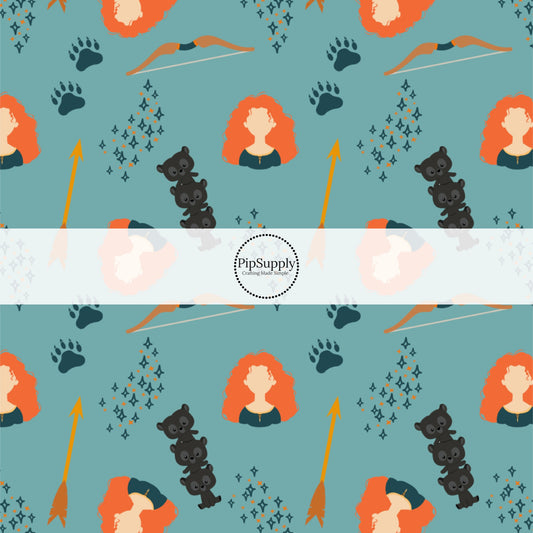 This magical adventure fabric by the yard features the following design: princess, bows, arrows, bears, and bear claws on blue. This fun themed fabric can be used for all your sewing and crafting needs!