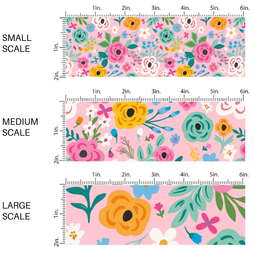 This scale chart of small scale, medium scale, and large scale of this summer fabric by the yard features flowers on pink. This fun summer themed fabric can be used for all your sewing and crafting needs!