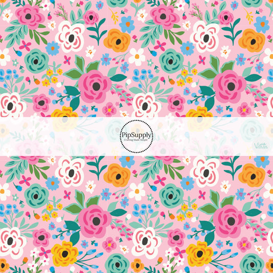 This summer fabric by the yard features flowers on pink. This fun summer themed fabric can be used for all your sewing and crafting needs!