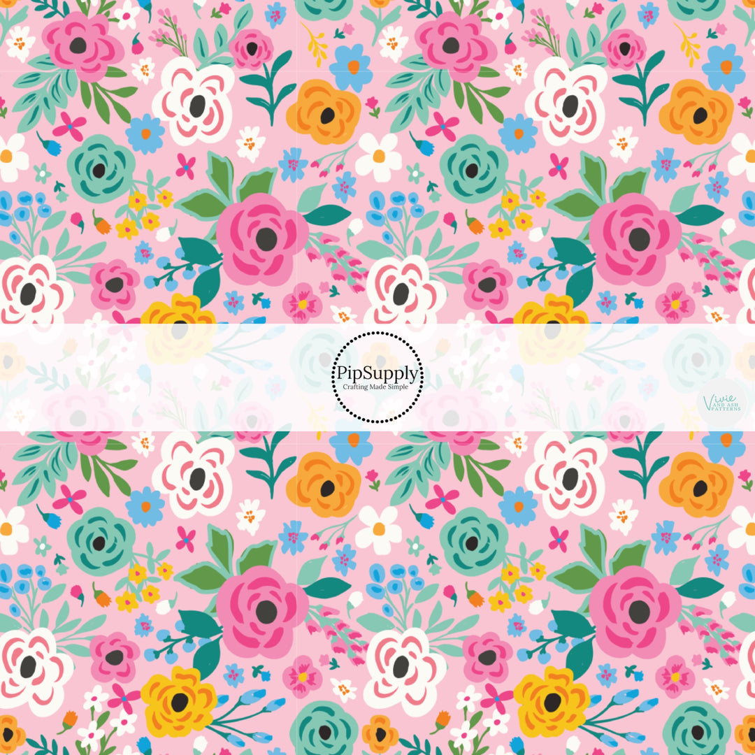 This summer fabric by the yard features flowers on pink. This fun summer themed fabric can be used for all your sewing and crafting needs!