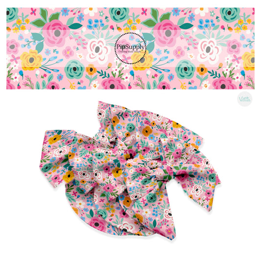 These summer floral themed no sew bow strips can be easily tied and attached to a clip for a finished hair bow. These summer patterned bow strips are great for personal use or to sell. These bow strips feature flowers on pink.