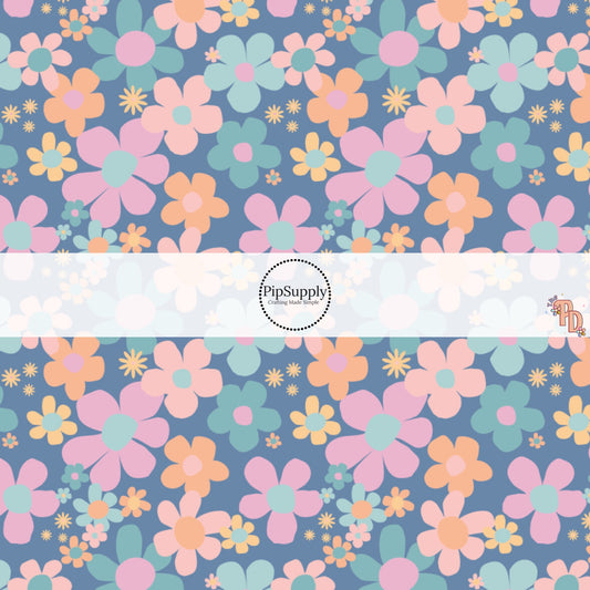 Peach, Pink, and Blue Florals on Blue Fabric by the Yard.