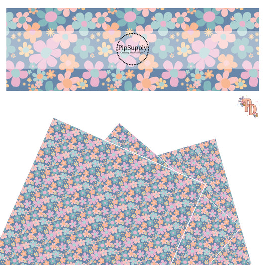 These spring floral pattern themed faux leather sheets contain the following design elements: pink, orange, and light blue flowers on dark blue. Our CPSIA compliant faux leather sheets or rolls can be used for all types of crafting projects.