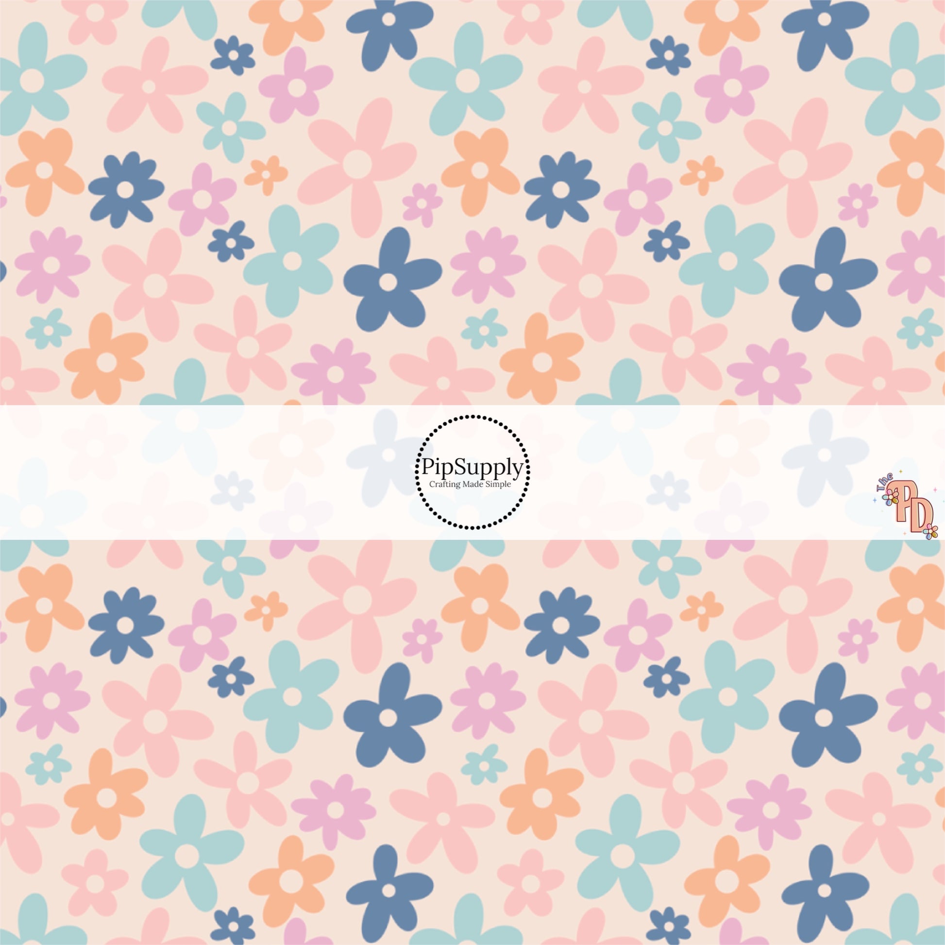 Peach, Pink, and Blue Florals on cream Fabric by the Yard.