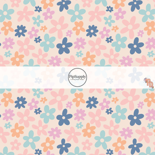 Peach, Pink, and Blue Florals on cream Fabric by the Yard.