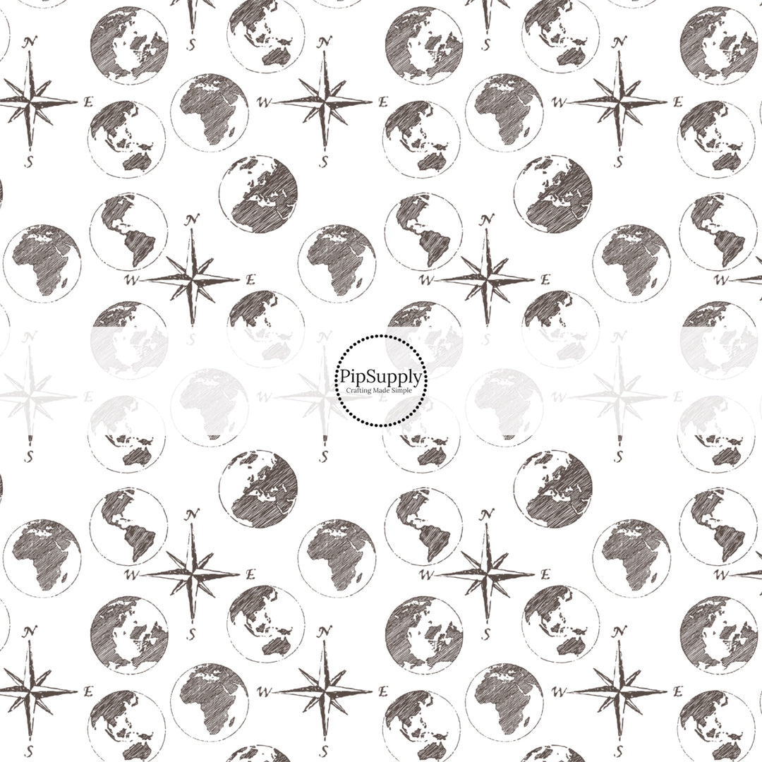 These travel themed fabric by the yard features compasses and globes pattern. This fun pattern fabric can be used for all your sewing and crafting needs!
