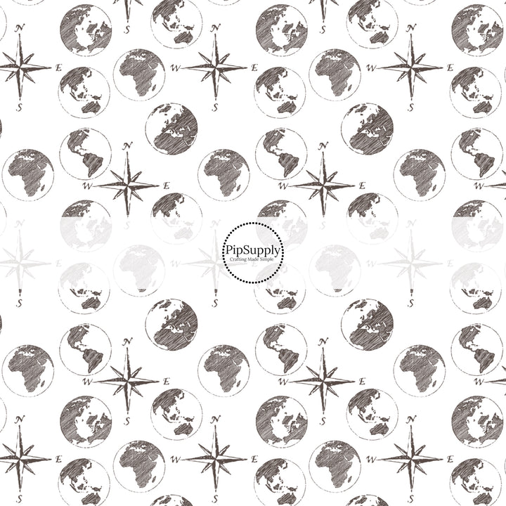 These travel themed fabric by the yard features compasses and globes pattern. This fun pattern fabric can be used for all your sewing and crafting needs!