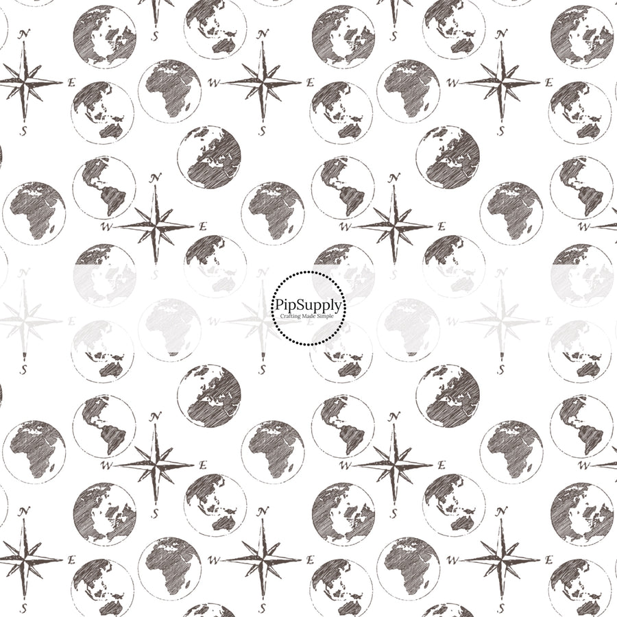 These travel themed fabric by the yard features compasses and globes pattern. This fun pattern fabric can be used for all your sewing and crafting needs!