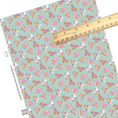 These spring roller skates faux leather sheets contain the following design elements: light pink and light purple roller skates on aqua. Our CPSIA compliant faux leather sheets or rolls can be used for all types of crafting projects. 