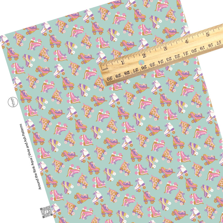 These spring roller skates faux leather sheets contain the following design elements: light pink and light purple roller skates on aqua. Our CPSIA compliant faux leather sheets or rolls can be used for all types of crafting projects. 