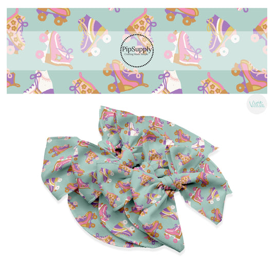 These spring skating themed no sew bow strips can be easily tied and attached to a clip for a finished hair bow. These patterned bow strips are great for personal use or to sell. These bow strips features light pink and light purple roller skates on aqua.