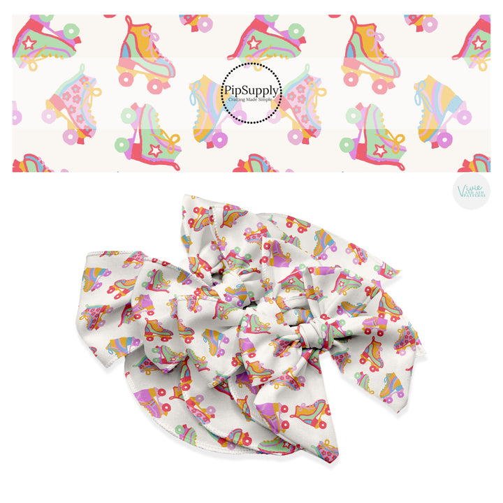 These spring skating themed no sew bow strips can be easily tied and attached to a clip for a finished hair bow. These patterned bow strips are great for personal use or to sell. These bow strips features bright colored roller skates on cream.