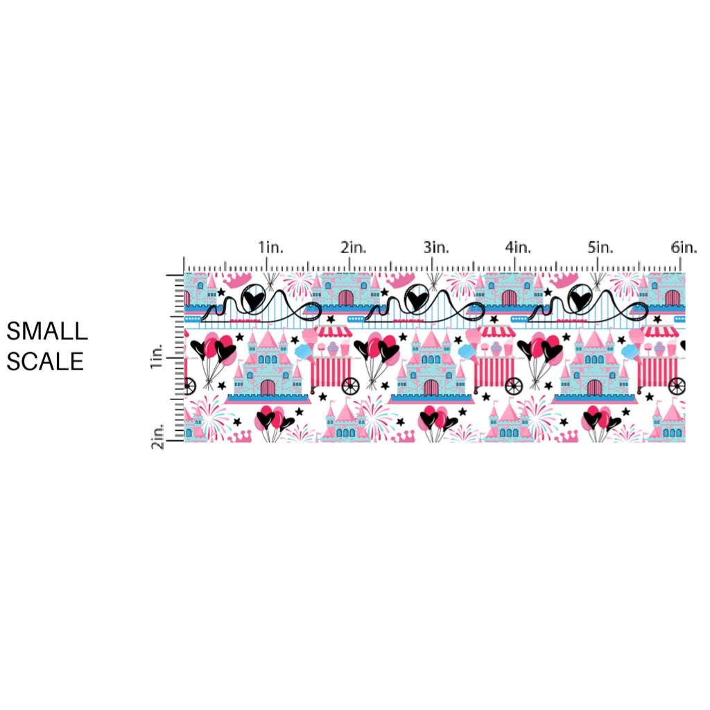 These magical princess themed fabric by the yard features princess castles, park rollercoaster, and fireworks. This fun pattern fabric can be used for all your sewing and crafting needs!
